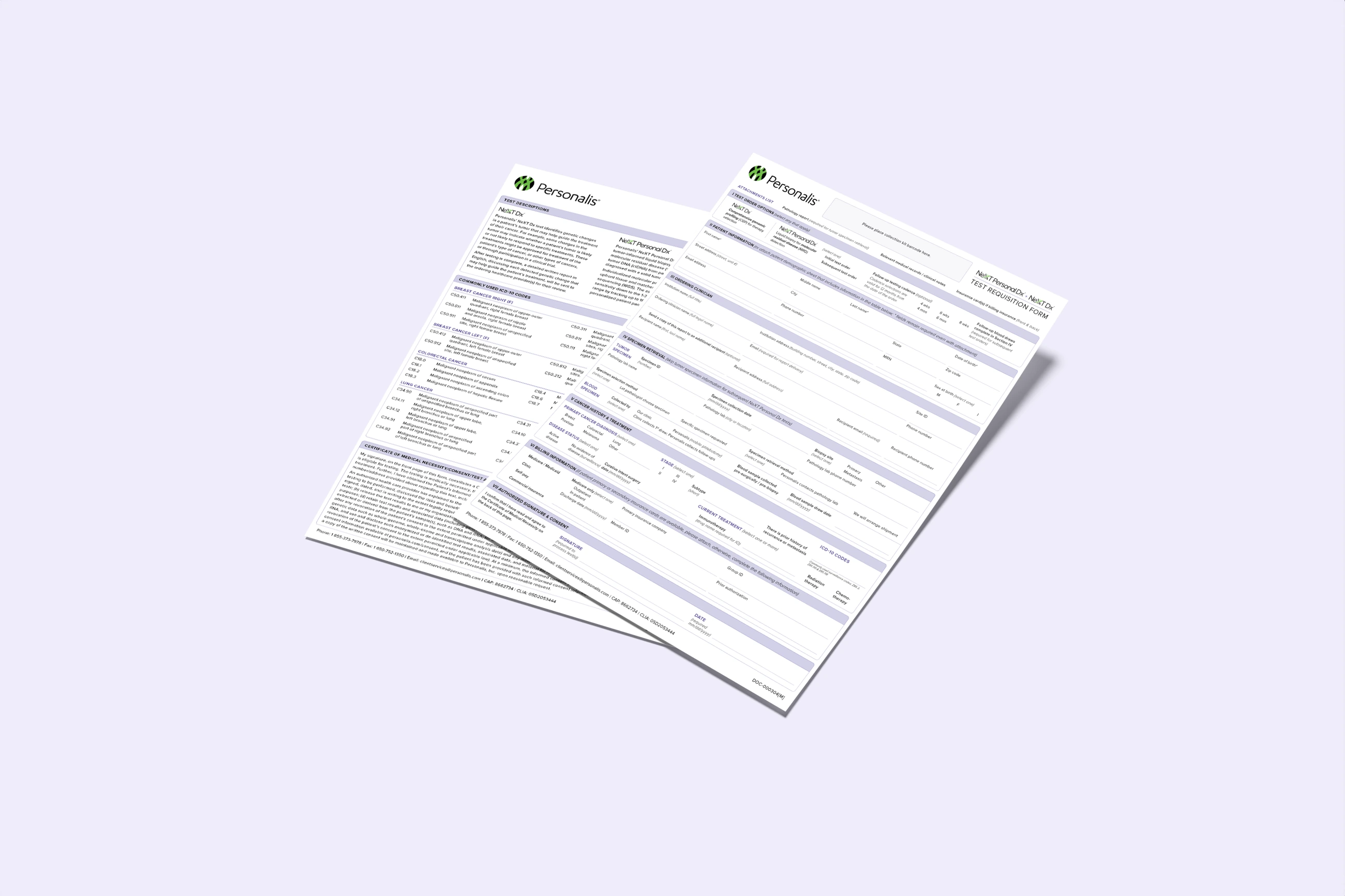 Refined Personalis test requisition form shown as a two-page layout