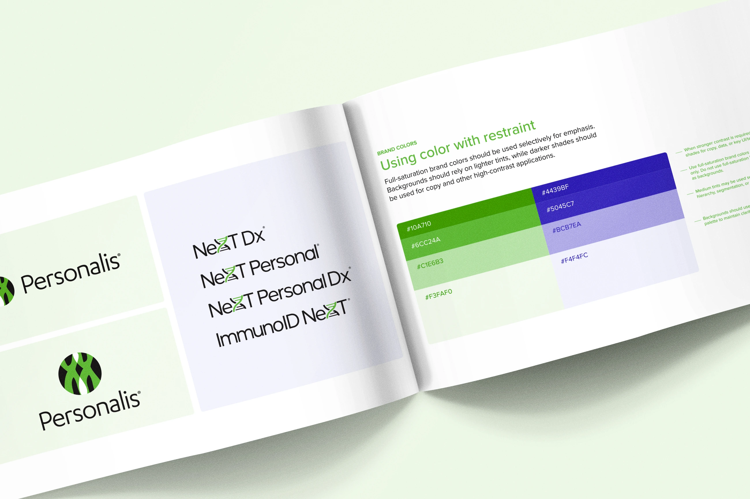 Open Personalis guidelines showing the NeXT family and restrained green and violet color use
