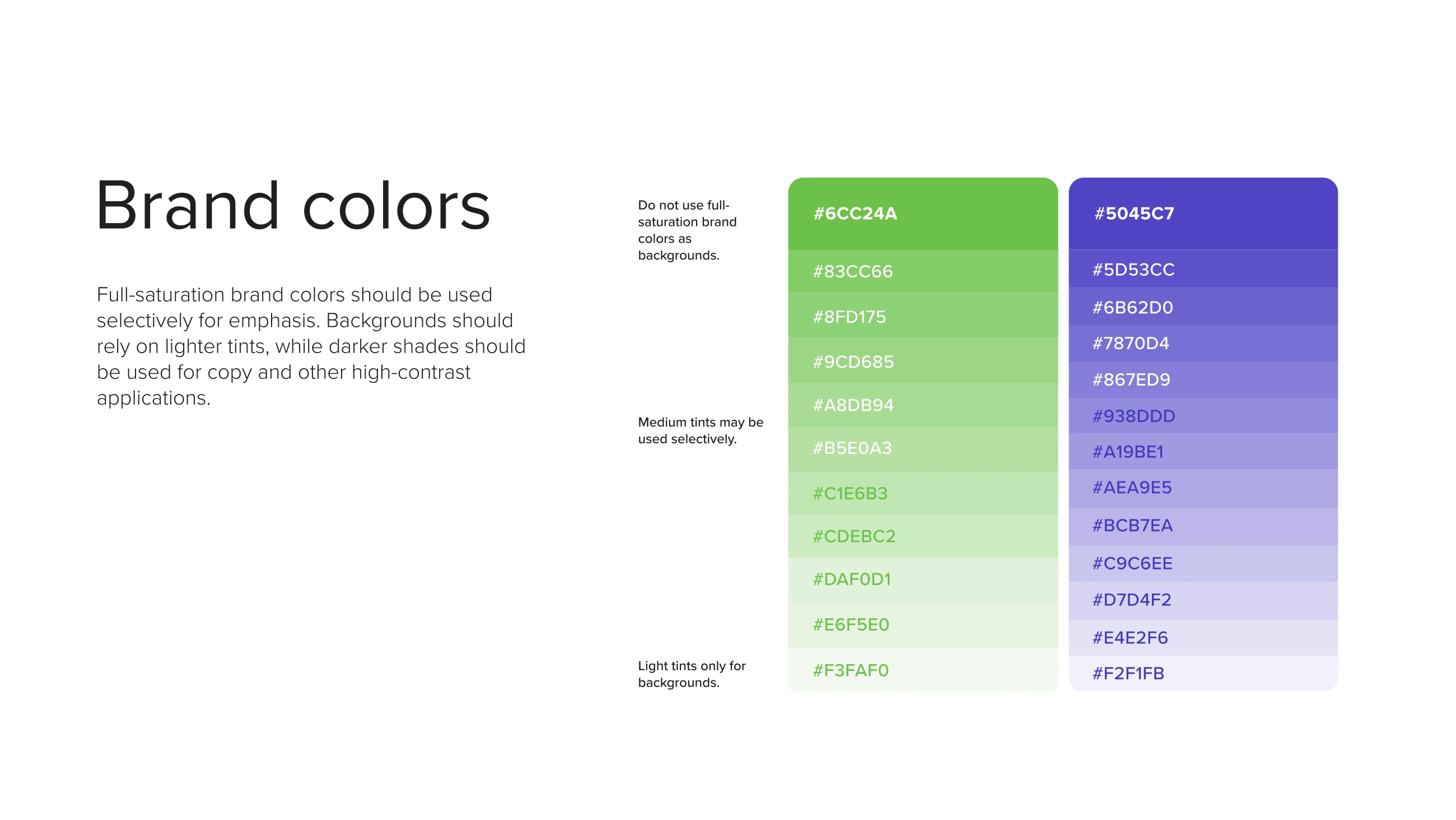 Personalis color rules with full-strength green and violet and lighter supporting tints