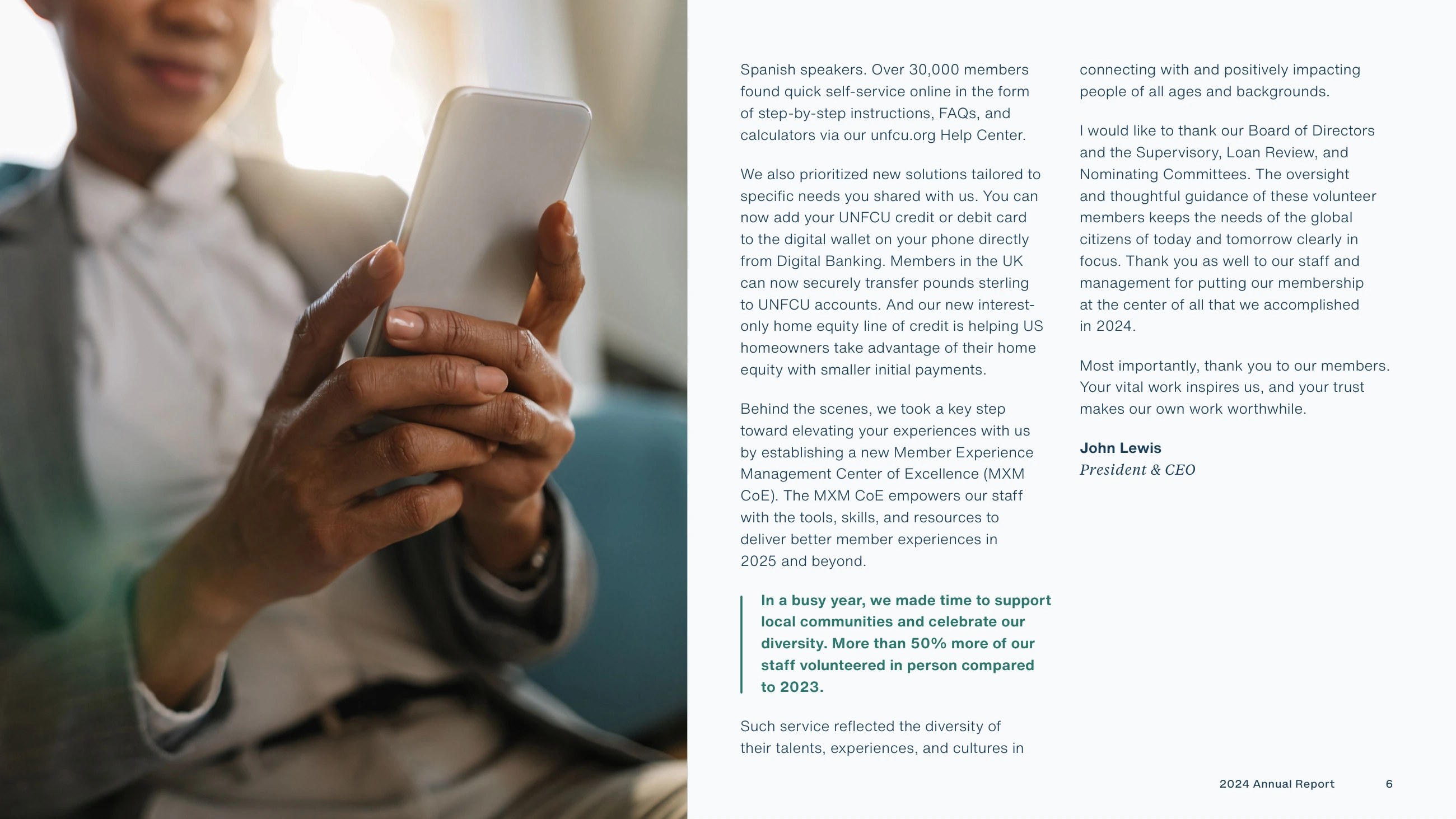 UNFCU annual report editorial page balancing columns of text and a photograph