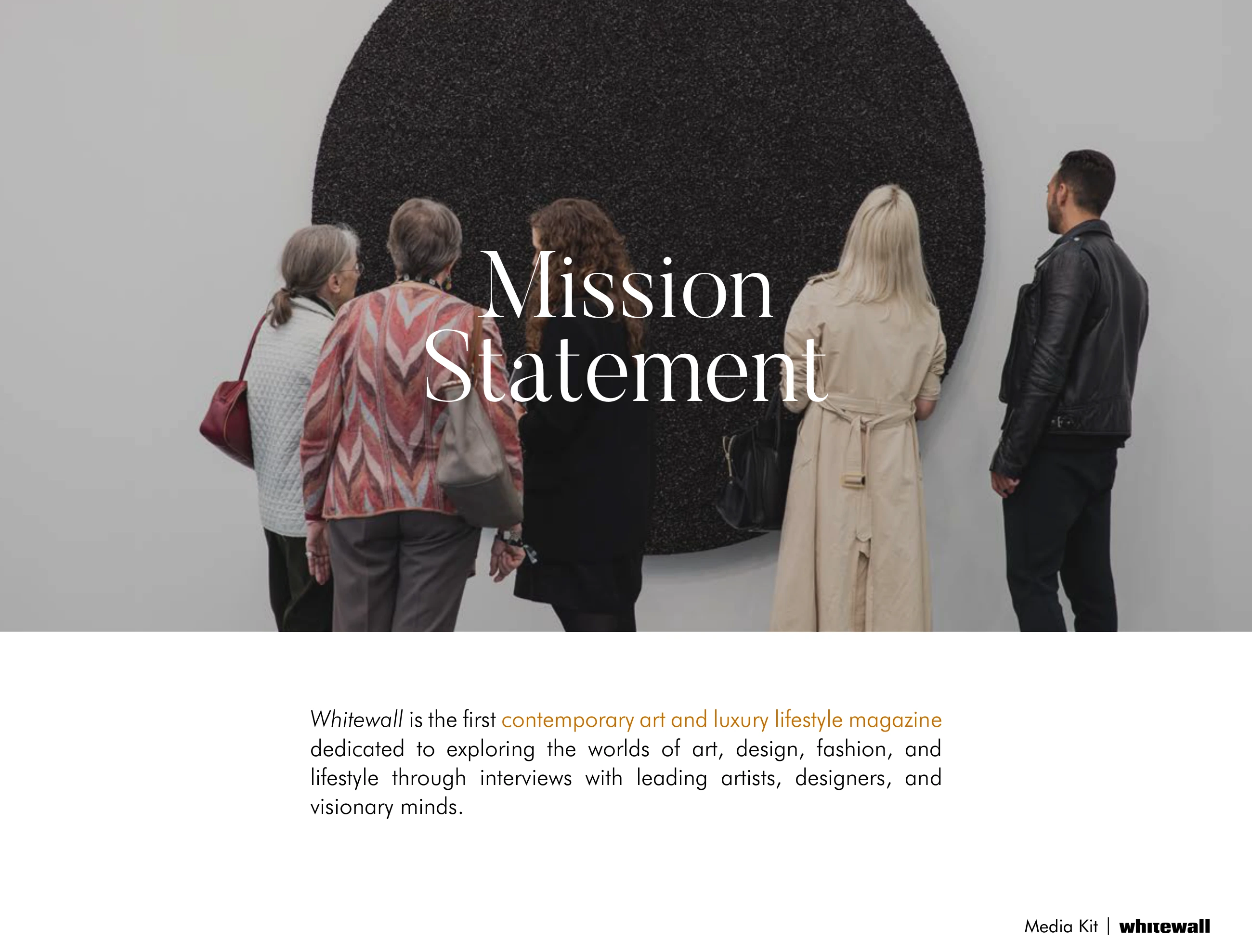 Whitewall media kit mission page with an art photograph and understated type